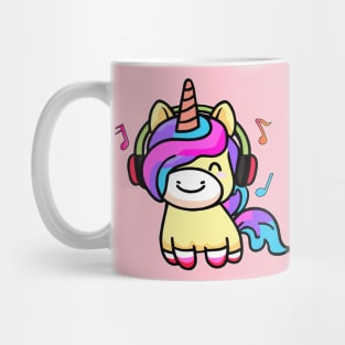 Happy smiling baby unicorn with headphones. Kawaii cartoon Mug